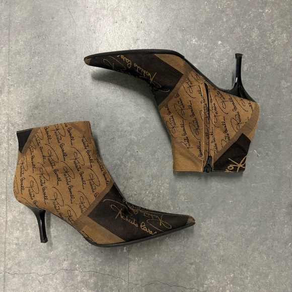 Y2K Roberto Cavalli Canvas Newspaper Print Pointed Toe Ankle Heel Boots Monogram - Picture 4 of 16